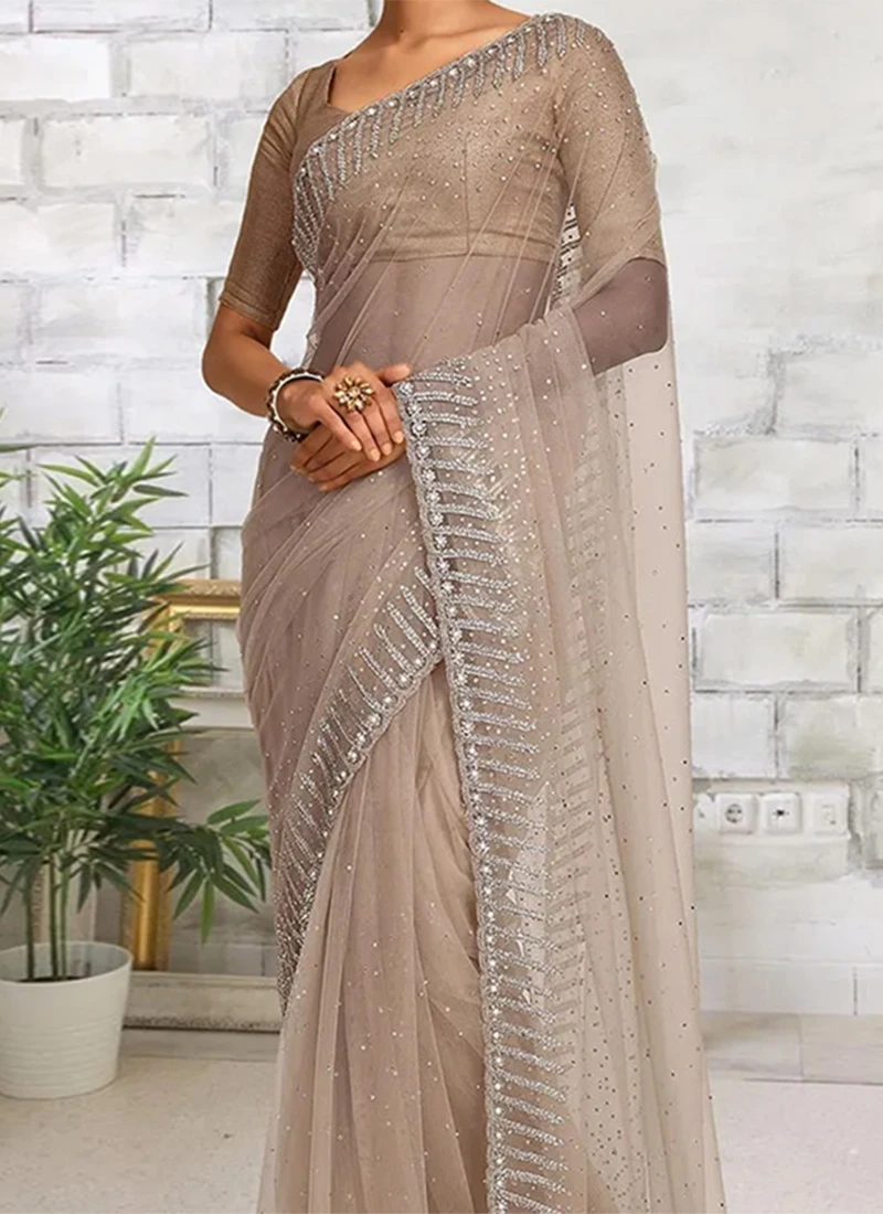 Beige Net Hand Work Saree Festive Wear 3 Beige Net Hand Work Saree Festive Wear