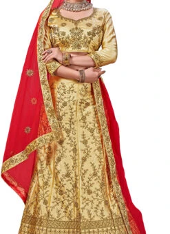 Beige Satin Silk Zari Embroidered A Line Lehenga Festive Wear