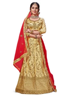 Beige Satin Silk Zari Embroidered A Line Lehenga Festive Wear -ZariGrace Shop beige satin silk zari embroidered a line lehenga ghsstsktsl7414 u