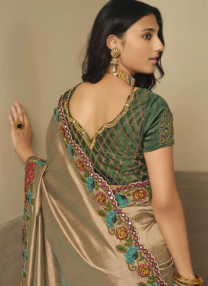 Beige Silk Zari Embroidery Work Saree Party Wear 6 Beige Silk Zari Embroidery Work Saree Party Wear - Image 4