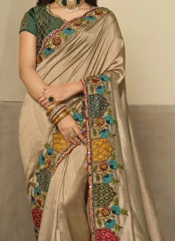 Beige Silk Zari Embroidery Work Saree Party Wear