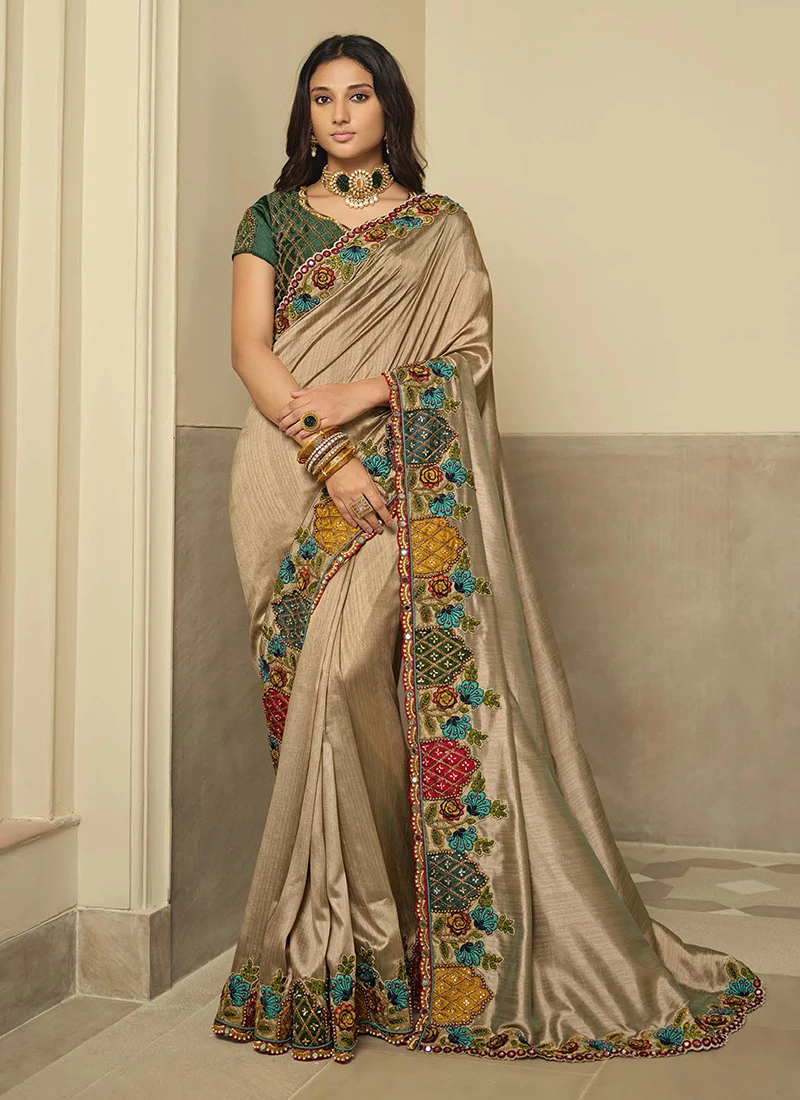 Beige Silk Zari Embroidery Work Saree Party Wear 5 Beige Silk Zari Embroidery Work Saree Party Wear - Image 3