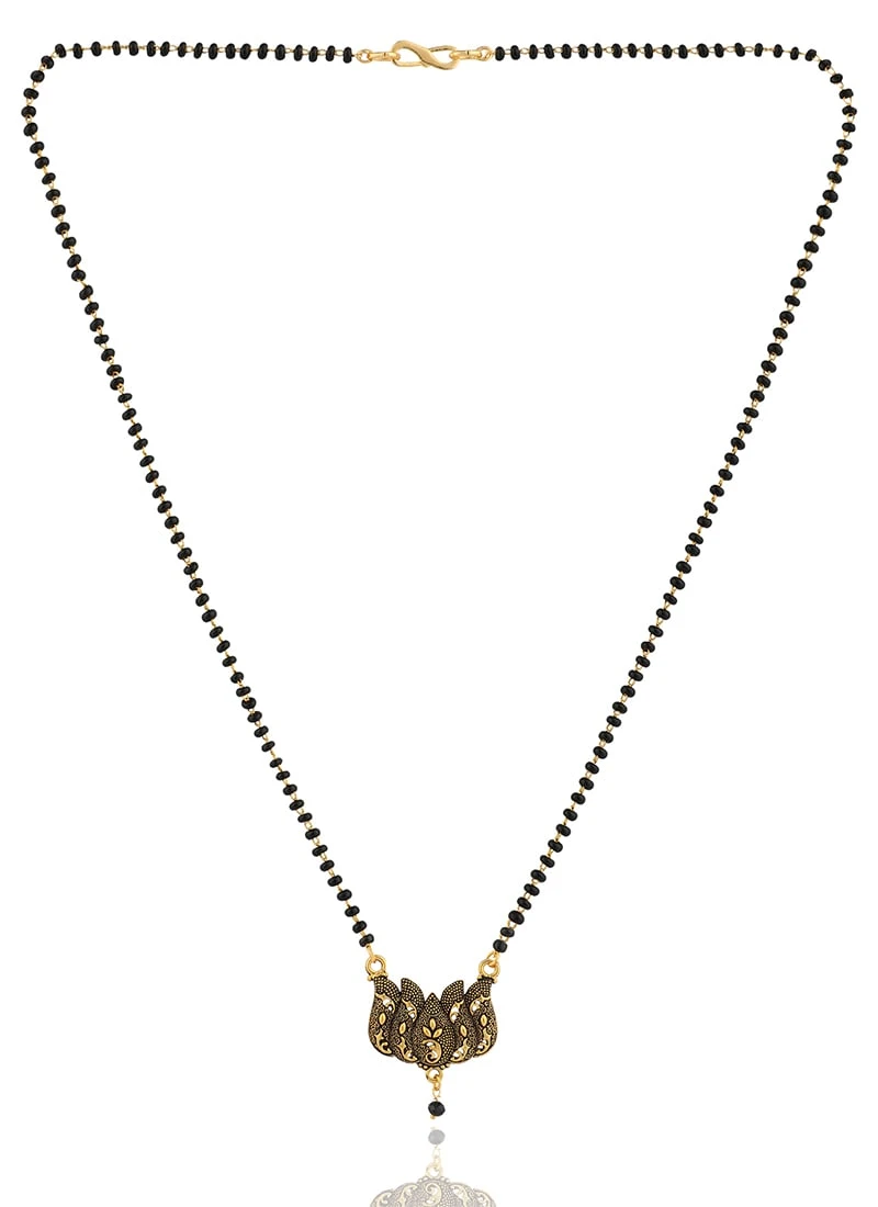 Black Antique Gold Plated Lotus Shape Mangalsutra Wedding Wear 5 Black Antique Gold Plated Lotus Shape Mangalsutra Wedding Wear - Image 3