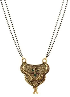 Black Antique Gold Plated Meenakari Flower Semi Round Shape Mangalsutra Wedding Wear