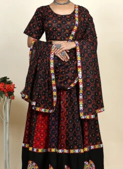 Black Blended Cotton Kutch Work Printed Umbrella Lehenga Festive Wear