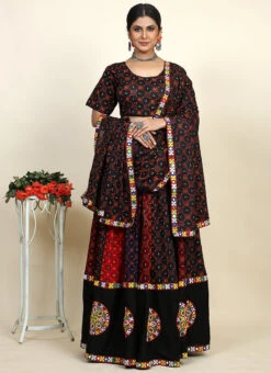 Black Blended Cotton Kutch Work Printed Umbrella Lehenga Festive Wear -ZariGrace Shop black blended cotton kutch work printed umbrella lehenga ghsomlh2773 u
