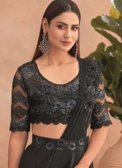 Black Chinon Silk Embroidered Ready Pleated Saree Party Wear -ZariGrace Shop black chinon silk embroidered ready pleated saree saska36307302a b