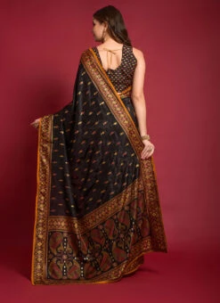 Black Color Emboss Foil Print Smooth Silk Saree Festive Wear -ZariGrace Shop black color emboss foil print smooth silk saree sasacw2127 b