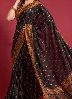 Black Color Emboss Foil Print Smooth Silk Saree Festive Wear