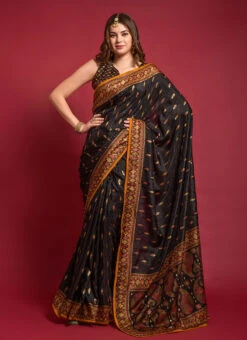 Black Color Emboss Foil Print Smooth Silk Saree Festive Wear -ZariGrace Shop black color emboss foil print smooth silk saree sasacw2127 u