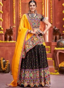 Black Cotton Embroidery With Mirror Work Chaniya Choli Festive Wear -ZariGrace Shop black cotton embroidery with mirror work chaniya choli ghska46577010 u