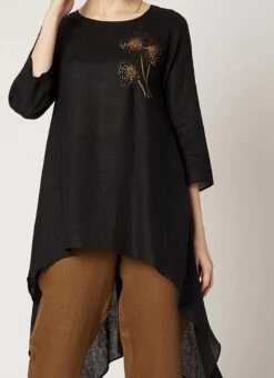 Black Cotton Slub Kurta Straight Pant Set Work Wear