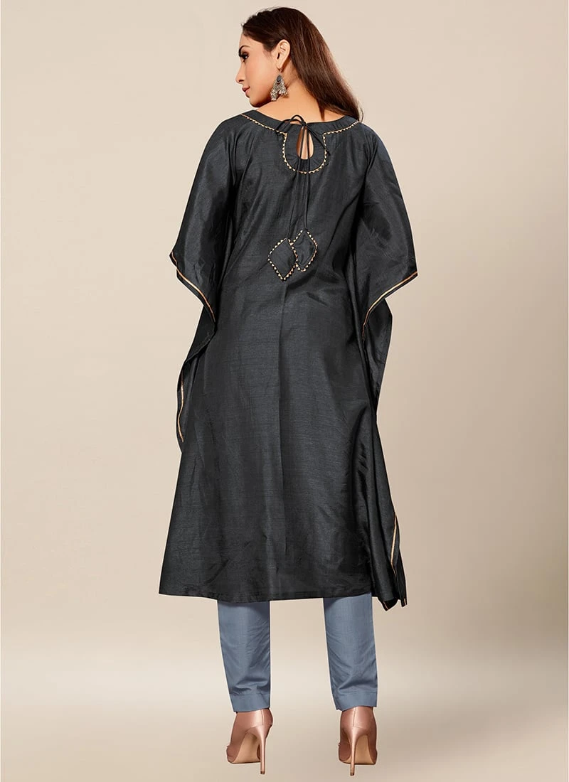 Grey Dola Silk Lace Work Kaftan Work Wear 6 Grey Dola Silk Lace Work Kaftan Work Wear - Image 4