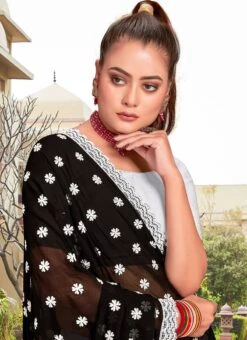 Black Faux Georgette Embroidered Half And Half Saree Party Wear -ZariGrace Shop black faux georgette embroidered half and half saree sasunk2091 b