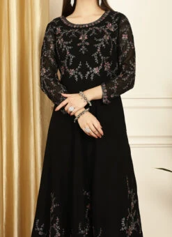 Black Faux Georgette Embroiered Anarkali Suit Party Wear