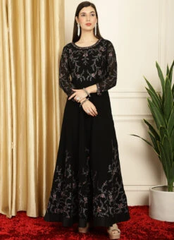 Black Faux Georgette Embroiered Anarkali Suit Party Wear -ZariGrace Shop black faux georgette embroiered anarkali suit slssls4068 u