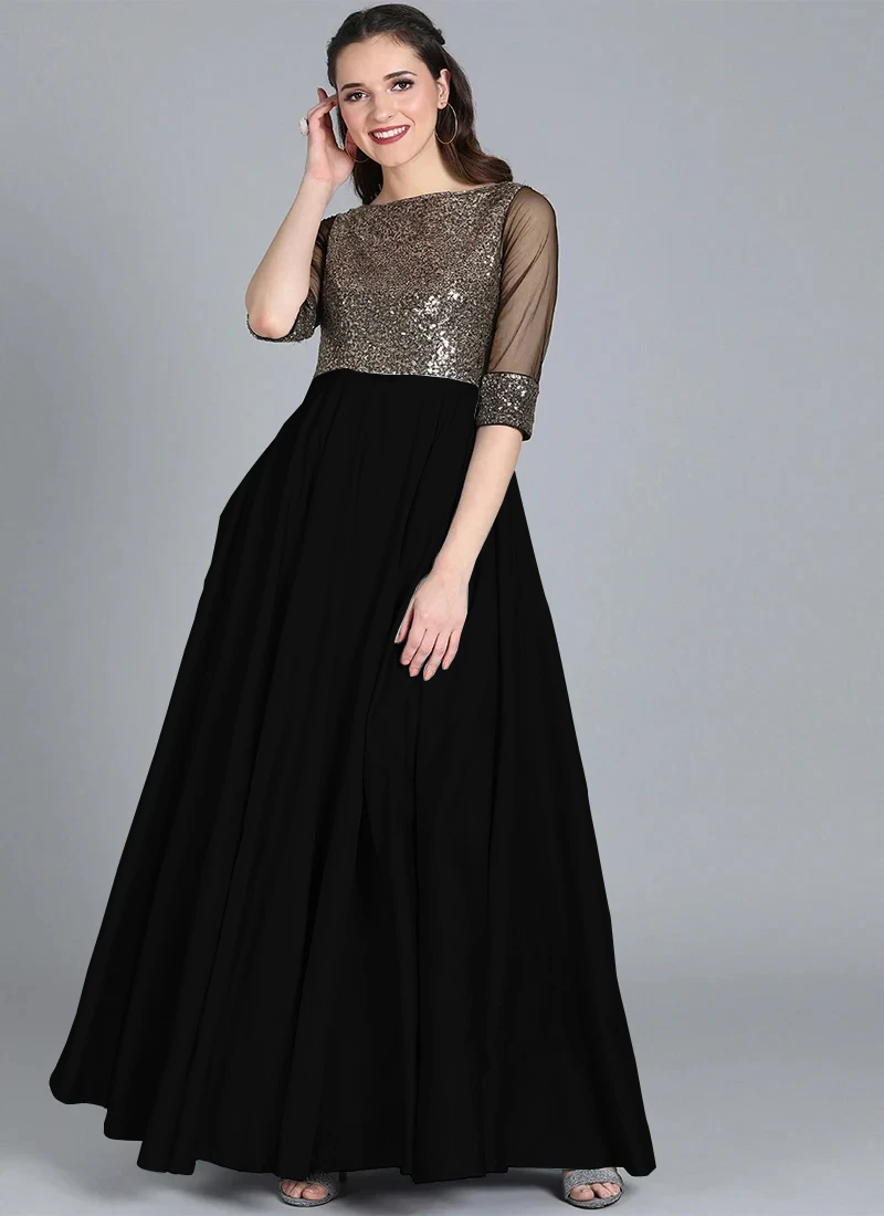 Black Full Flared Boat Neck Style Gown Party Wear 5 Black Full Flared Boat Neck Style Gown Party Wear - Image 3