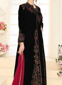 Black Georgette Anarkali Suit Full Sleeve Jacket Embroidery Work Party Wear
