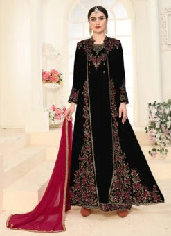 Black Georgette Anarkali Suit Full Sleeve Jacket Embroidery Work Party Wear -ZariGrace Shop black georgette anarkali suit full sleeve jacket embroidery work slsdid289bl u