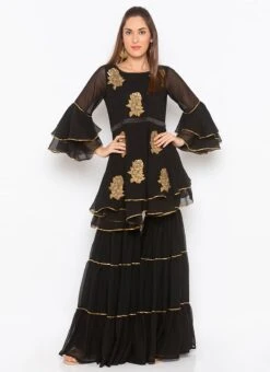 Black Georgette Embroidered Kurta Sharara Set After Six Wear -ZariGrace Shop black georgette embroidered kurta sharara set krsmnc1996ks u