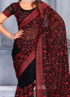 Black Georgette Embroidery Work Saree Party Wear