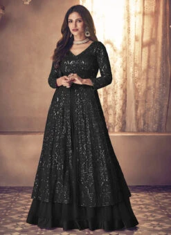 Black Georgette Sequins Embroidery Long Choli Umbrella Lehenga Party Wear -ZariGrace Shop black georgette sequins embroidery long choli umbrella lehenga ghska4210123f u