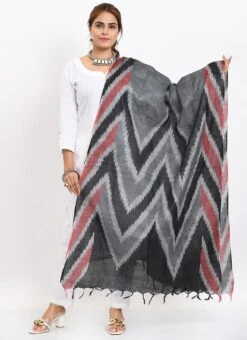 Black Handloom Cotton Ikkat Printed Dupatta Work Wear -ZariGrace Shop black handloom cotton ikkat printed dupatta dpdmimfd138 u