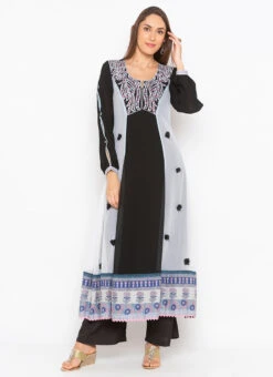 Black N Grey Georgette Embroidered Kurta Palazzo Set After Six Wear -ZariGrace Shop black n grey georgette embroidered kurta palazzo set krsmnc1942ks u