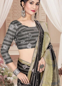 Black N Grey Tussar Silk Saree Festive Wear