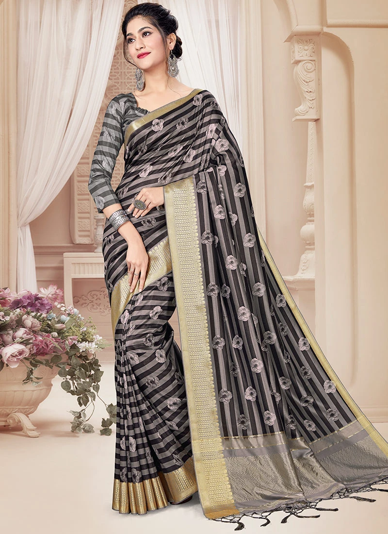 Black N Grey Tussar Silk Saree Festive Wear 5 Black N Grey Tussar Silk Saree Festive Wear - Image 3