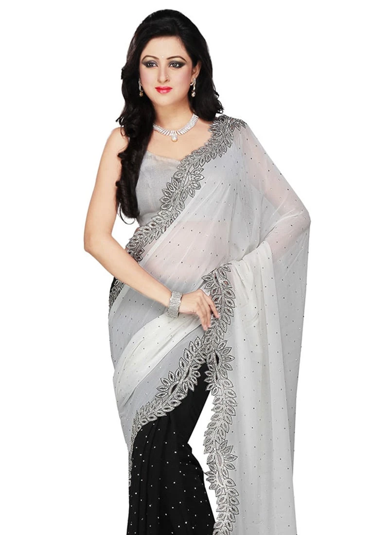 Black N Off White Half N Half Saree Party Wear 6 Black N Off White Half N Half Saree Party Wear - Image 4