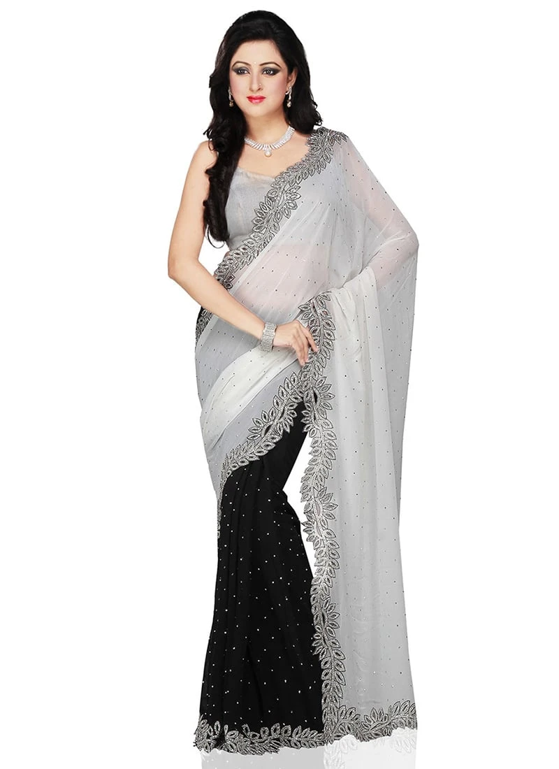 Black N Off White Half N Half Saree Party Wear 5 Black N Off White Half N Half Saree Party Wear - Image 3