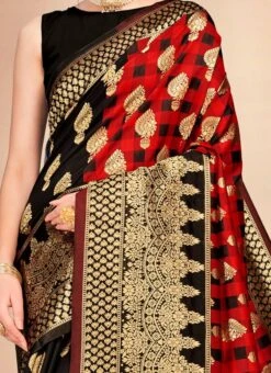 Black N Red Art Silk Half N Half Saree Festive Wear