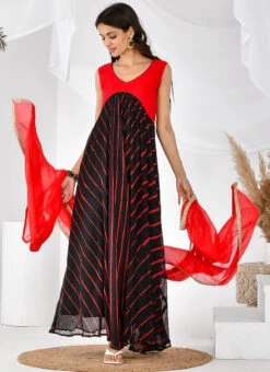 Black N Red Chiffon Leheriya Anarkali Top With Dupatta After Six Wear -ZariGrace Shop black n red chiffon leheriya anarkali top with dupatta sljrfrp4014 u
