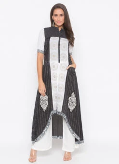 Black N White Cotton Embroidered Kurta Palazzo Set After Six Wear -ZariGrace Shop black n white cotton embroidered kurta palazzo set krsmnc2008ks u