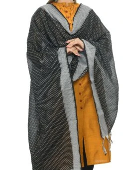 Black N White Dot Handloom Cotton Weaving Work Dupatta Work Wear