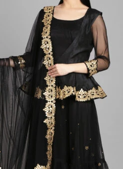 Black Net N Raw Silk Anarkali Suit Party Wear