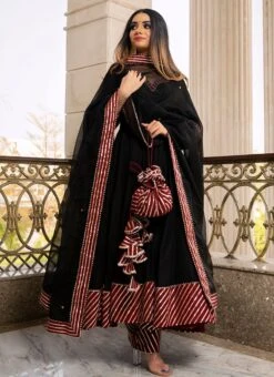 Black Pure Cotton Gota Patti Work Anarkali Suit Party Wear -ZariGrace Shop black pure cotton gota patti work anarkali suit sljpjhc500 u