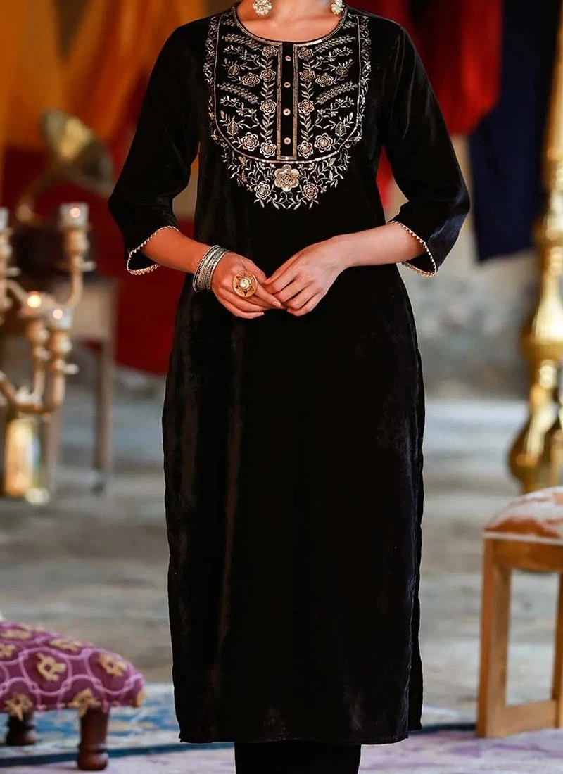 Black Velvet Kurta Set Work Wear 3 Black Velvet Kurta Set Work Wear