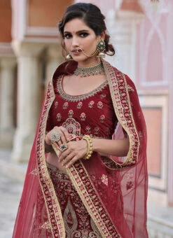 Blood Red Velvet Embroidered N Stones A Line Lehenga Wedding Wear -ZariGrace Shop blood red velvet embroidered n stones a line lehenga ghsak42228115 b