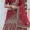 Blood Red Velvet Embroidered N Stones A Line Lehenga Wedding Wear