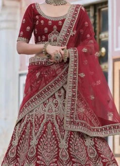 Blood Red Velvet Embroidered N Stones A Line Lehenga Wedding Wear