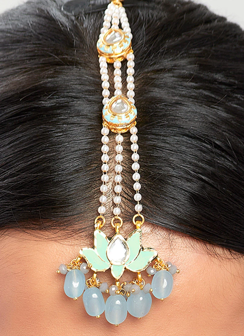 Blue Alloy Kundan Polki Mangtikka Party Wear 5 Blue Alloy Kundan Polki Mangtikka Party Wear - Image 3