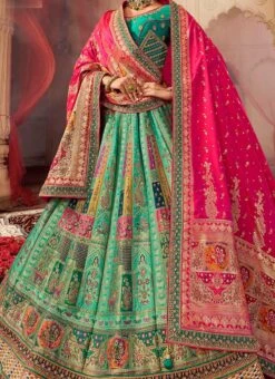 Blue Art Silk Banarasi Stone Work Umbrella Lehenga Wedding Wear