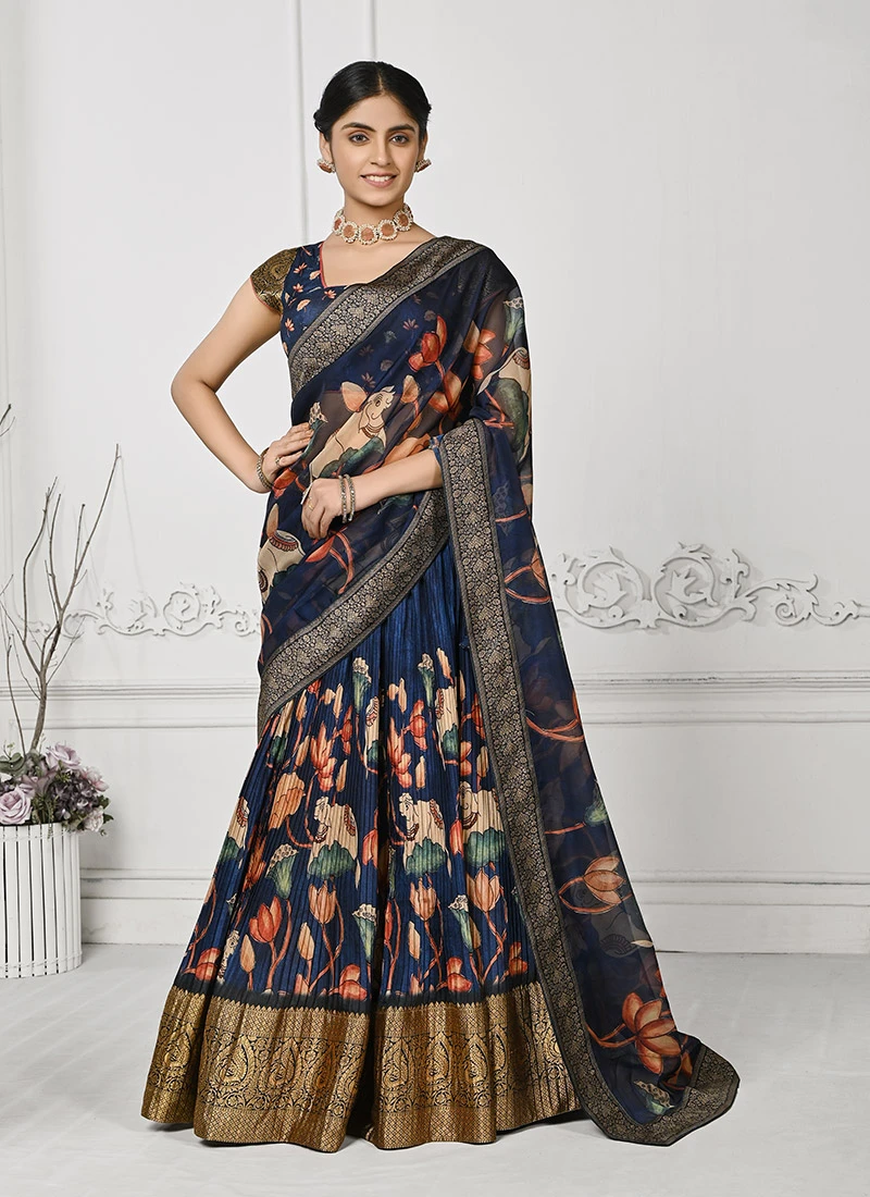 Blue Art Silk Kalamkari Print Umbrella Lehenga Festive Wear 5 Blue Art Silk Kalamkari Print Umbrella Lehenga Festive Wear - Image 3