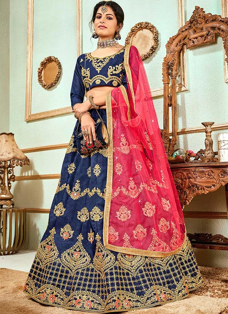 Blue Bangalori Silk Embroidered A Line Lehenga Party Wear 5 Blue Bangalori Silk Embroidered A Line Lehenga Party Wear - Image 3