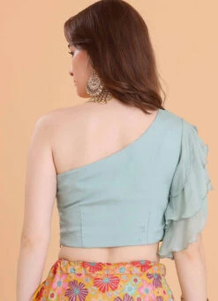 Blue Chinon One Shouldered Blouse Festive Wear -ZariGrace Shop blue chinon one shouldered blouse BLBS02309114 b