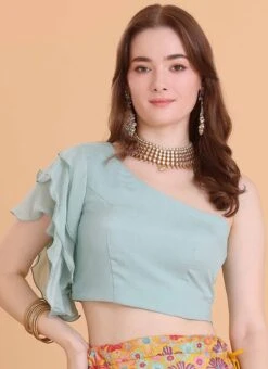 Blue Chinon One Shouldered Blouse Festive Wear -ZariGrace Shop blue chinon one shouldered blouse BLBS02309114 u