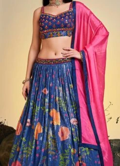 Blue Chinon Printed Work A Line Lehenga Choli Party Wear