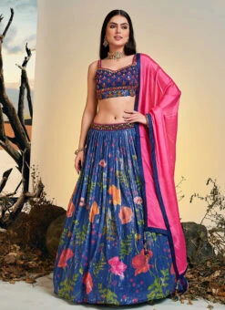 Blue Chinon Printed Work A Line Lehenga Choli Party Wear -ZariGrace Shop blue chinon printed work a line lehenga choli ghska459960003 u